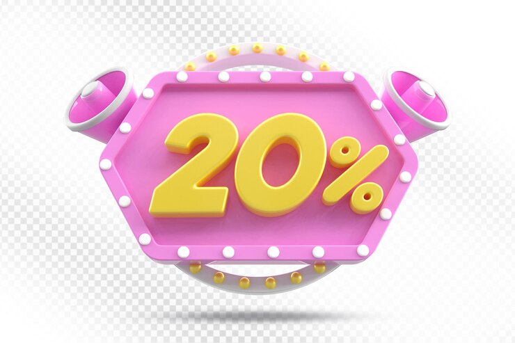 PSD 20 por ciento de descuento en la etiqueta 3d de promoción rosa