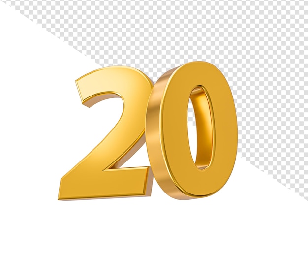 20 de desconto à venda Por cento de ouro em fundo isolado Celebração do 20º aniversário Números dourados em 3D
