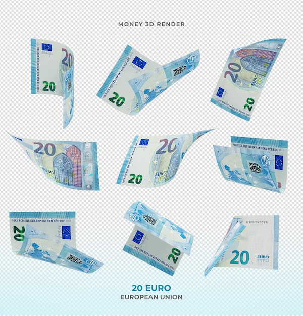 PSD 20 notas de euro, dinheiro, renderização em 3d