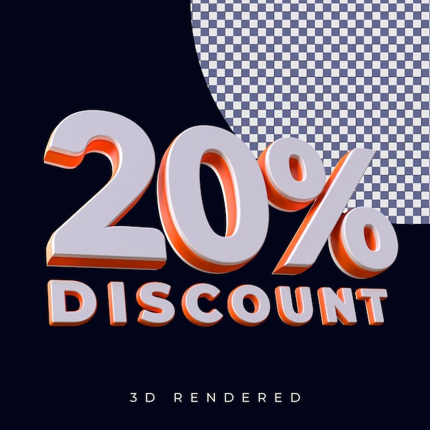 20 por cento de desconto em texto de renderização em 3d com combinação de cores laranja e branco em fundo alfa