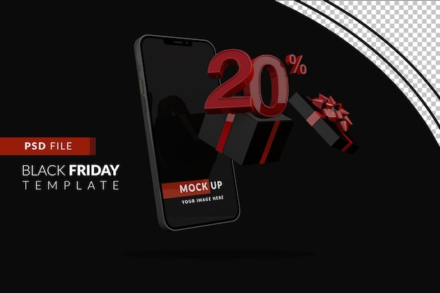 20 prozent black friday-aktion mit smartphone-modell und schwarzer geschenkbox