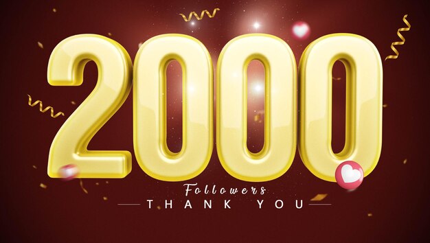 2000 seguidores ouro número 3d