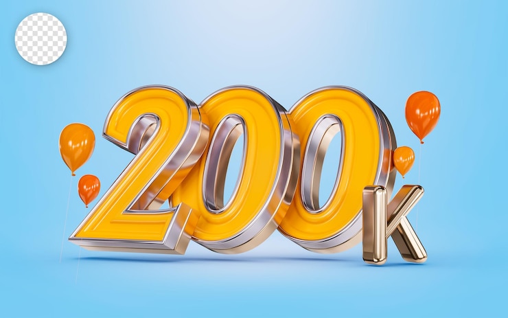 PSD 200k seguidores celebración banner de redes sociales con globo naranja fondo azul concepto de renderizado 3d