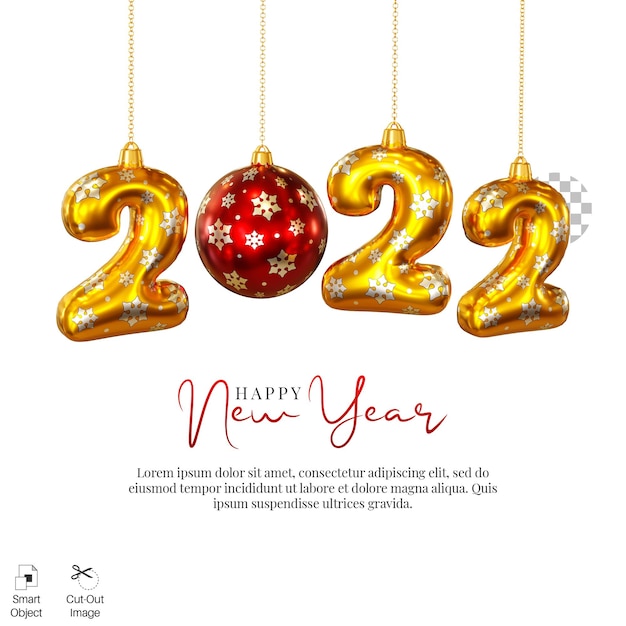 PSD 2022 ballons dorés suspendus avec lampe de noël pour le rendu 3d du nouvel an