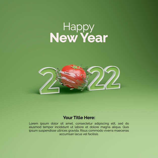 2022 Feliz Ano Novo post design com renderização 3d de tomate em fundo verde