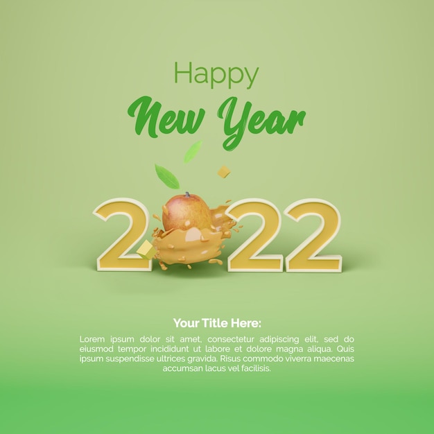 PSD 2022 mango afrutado feliz año nuevo en cartel verde