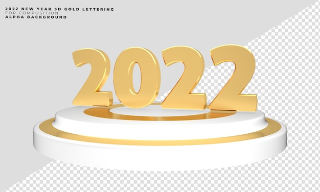 2022 Neujahr 3D-Render-Schriftzug Gold mit Podium