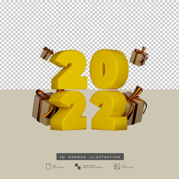 PSD 2022 texto feliz año nuevo tema amarillo con caja de regalo dorada render 3d