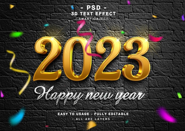 2023 felice anno nuovo 3d effetto stile testo argento dorato