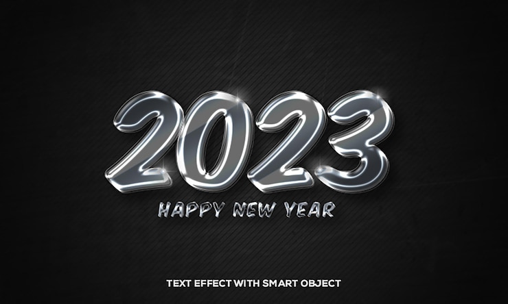 PSD 2023 feliz año nuevo texto tipografía plata diseño