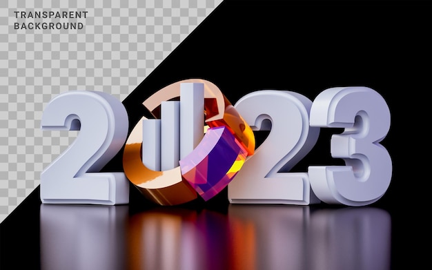 PSD 2023 marketing trend neujahr mit finanzdiagramm tortenlinie glas realistischer effekt 3d renderkonzept