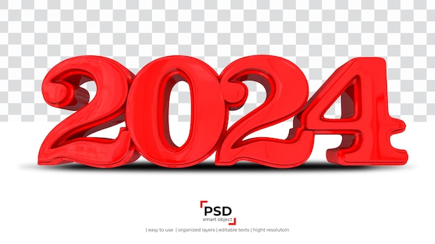 2024 rotes neues jahr 3d-rendering isoliert auf transparentem hintergrund