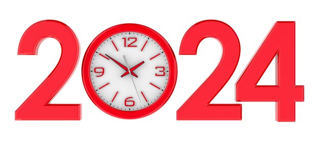 2024 with clock wall 3D rendering isolated on transparent background