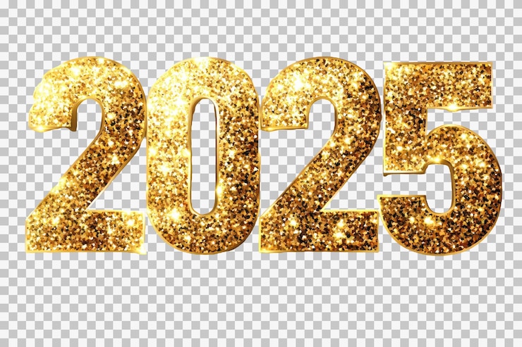PSD 2025 feliz año nuevo número dorado de lujo y brillo dorado fondo transparente renderización 3d