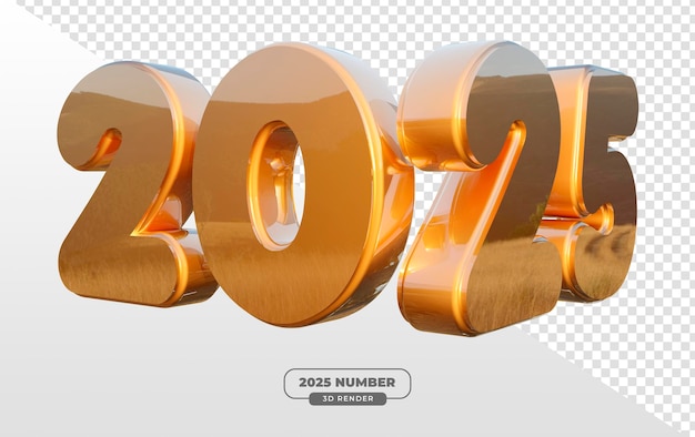 2025 Glänzende goldene Zahlen in 3D-Render für Neujahrsfeiern mit durchsichtigem Hintergrund