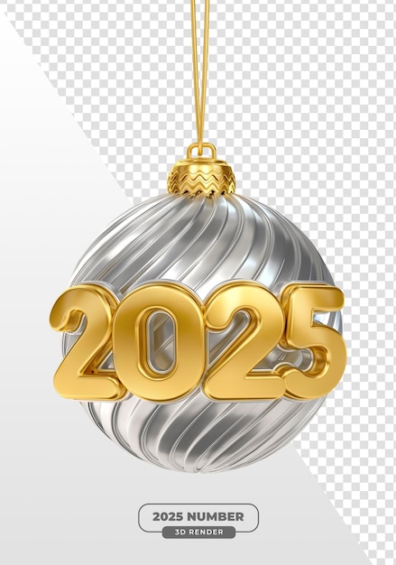 2025 Goldzahlen mit silbernem Ornament in 3D-Render mit durchsichtigem Hintergrund