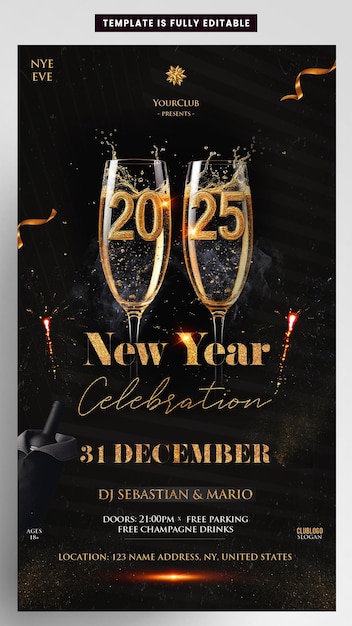 2025 Neujahrsgeschichte Flyer Vorlage eleganter Champagner