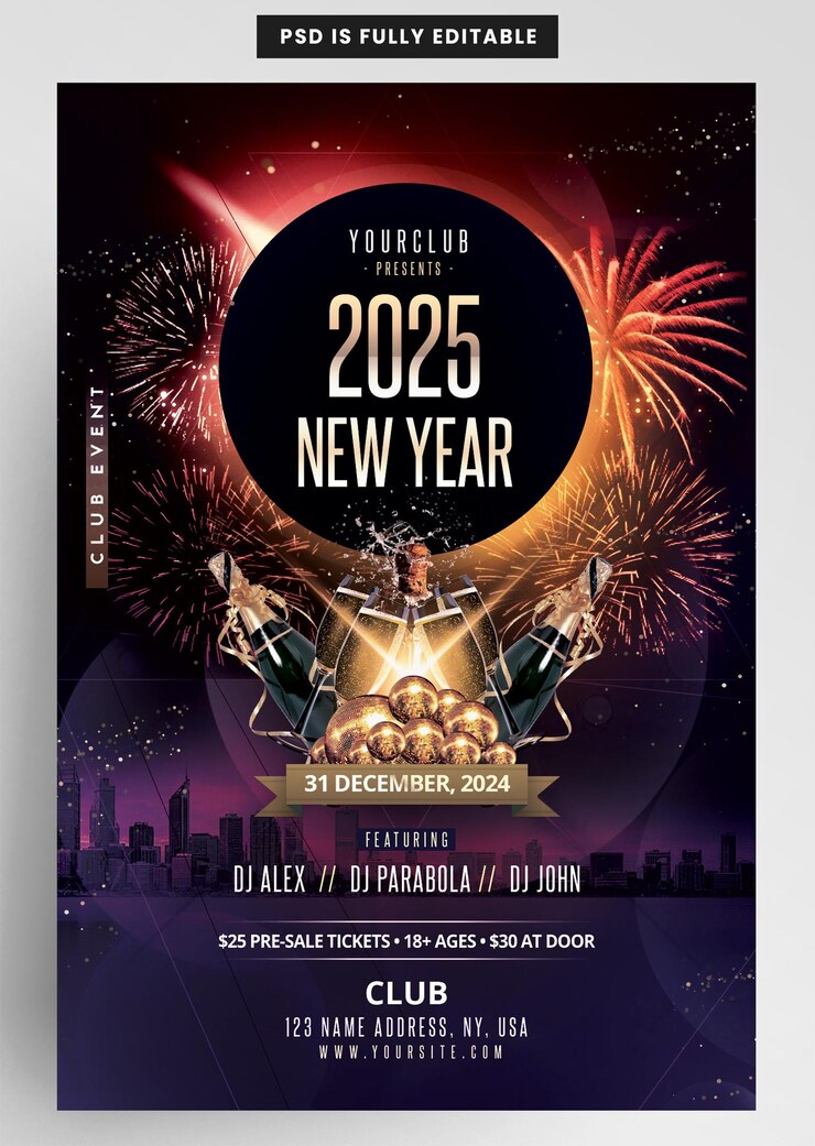 PSD 2025 new year flyer template happy nye invitation