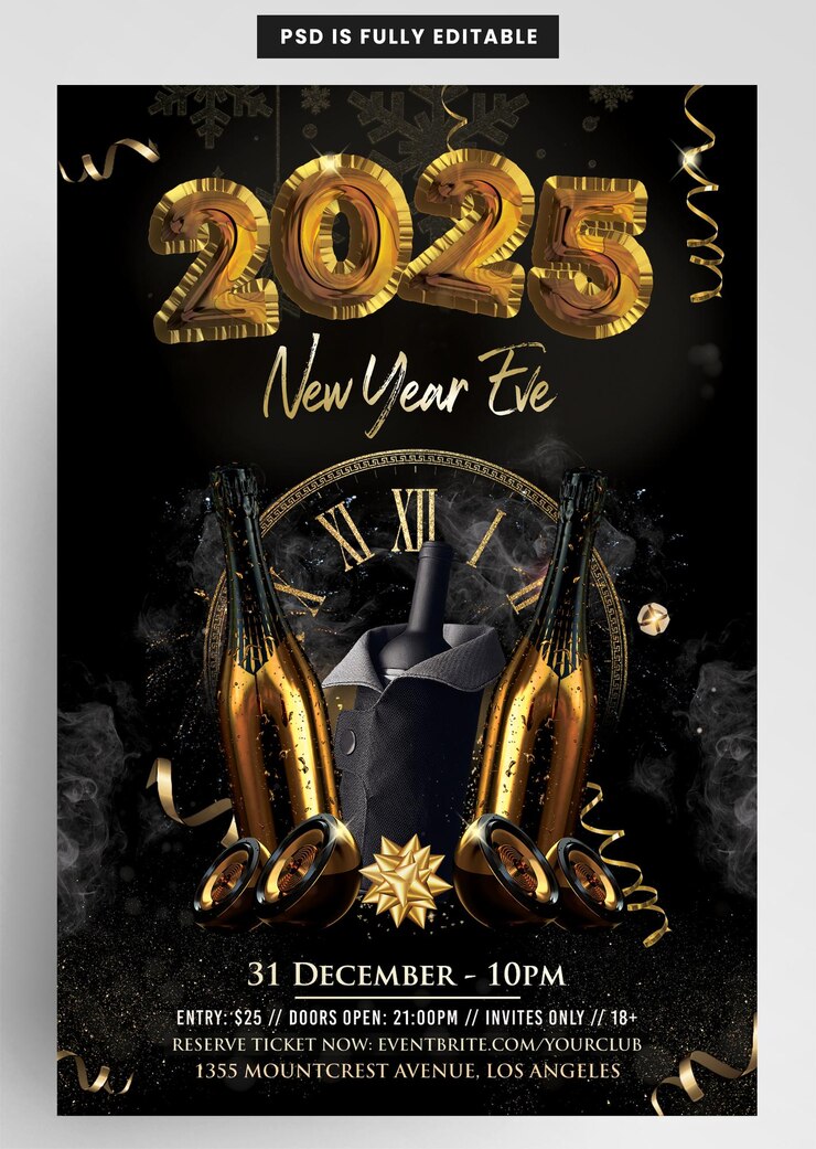 PSD 2025 new years party luxury elegant flyer invitation template