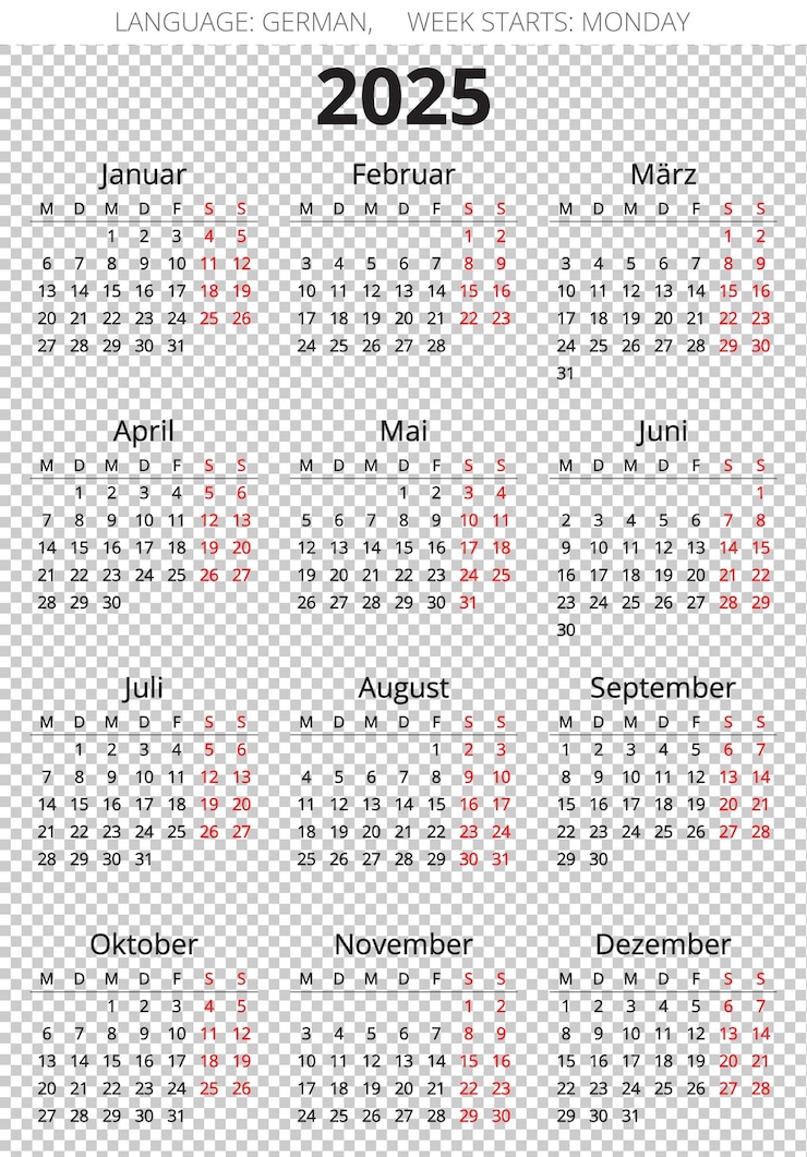 PSD 2025 vertical german calendar psd transparent illustration for germany