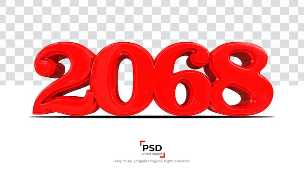 2068 rotes neues Jahr 3D-Rendering isoliert auf transparentem Hintergrund