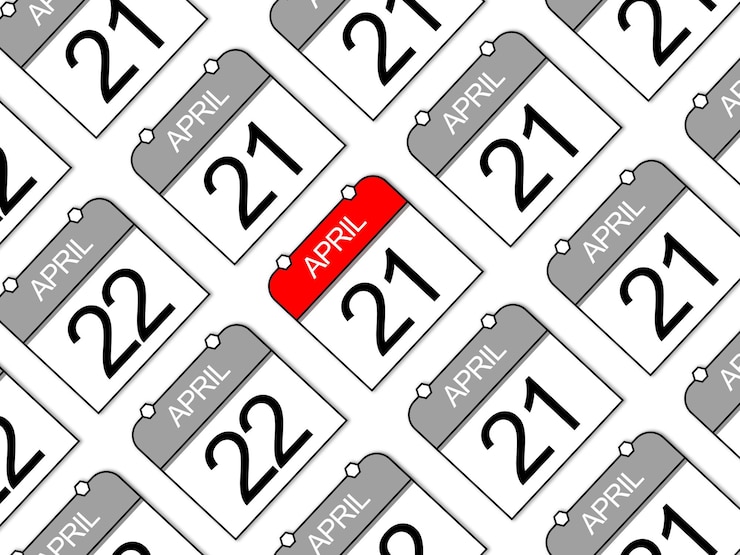 PSD 21. april tägliche kalender, die sich auf weißem hintergrund wiederholen. einer zeichnet sich von den anderen aus.