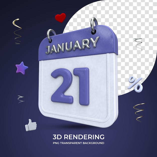 21 de janeiro calendário 3d renderizando fundo transparente isolado