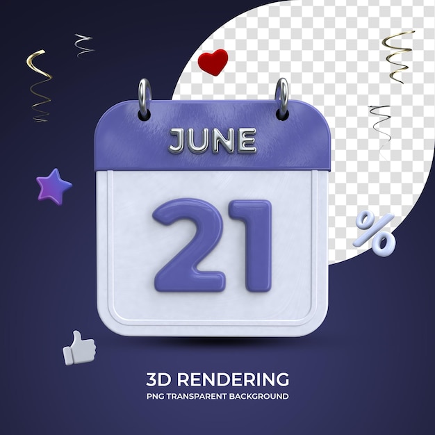 21. Juni Kalender 3D-Rendering isolierter transparenter Hintergrund