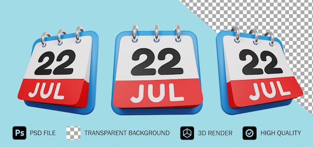 22 de julio día calendario 3d render premium psd