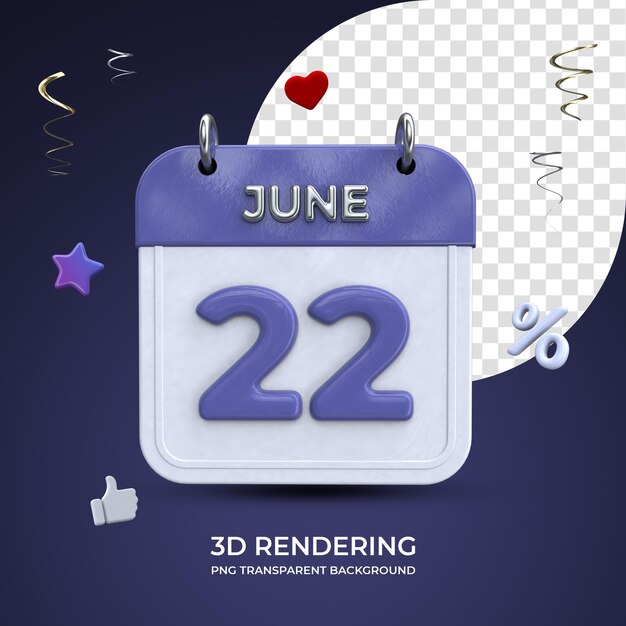 22. Juni Kalender 3D-Rendering isolierter transparenter Hintergrund