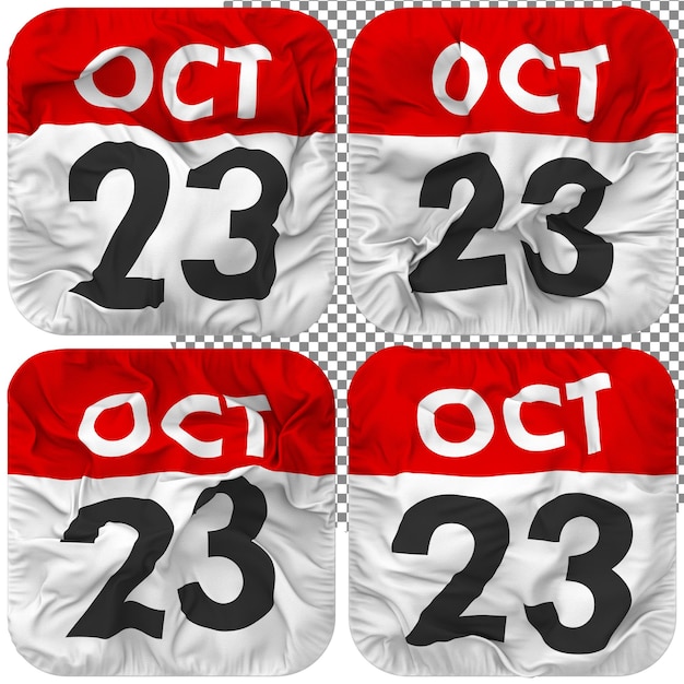 23. 23. Oktober Datumskalendersymbol isoliert Vier winkende Bump-Textur 3D-Rendering