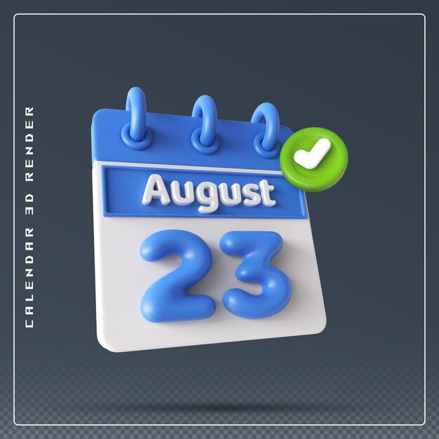 23. August Kalender mit Checklisten-Symbol 3D-Rendering