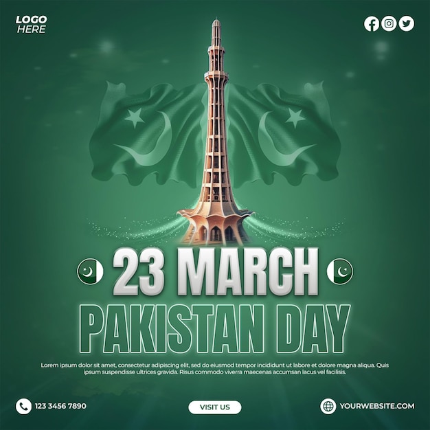 PSD 23 mars, jour de la résolution du pakistan, post sur instagram ou modèle de bannière sur les réseaux sociaux