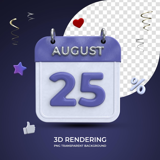 PSD 25 de agosto calendario renderizado 3d fondo transparente aislado