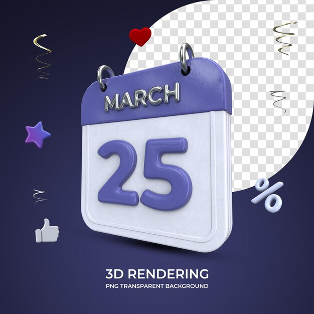 25. März Kalender 3D-Rendering isolierter transparenter Hintergrund