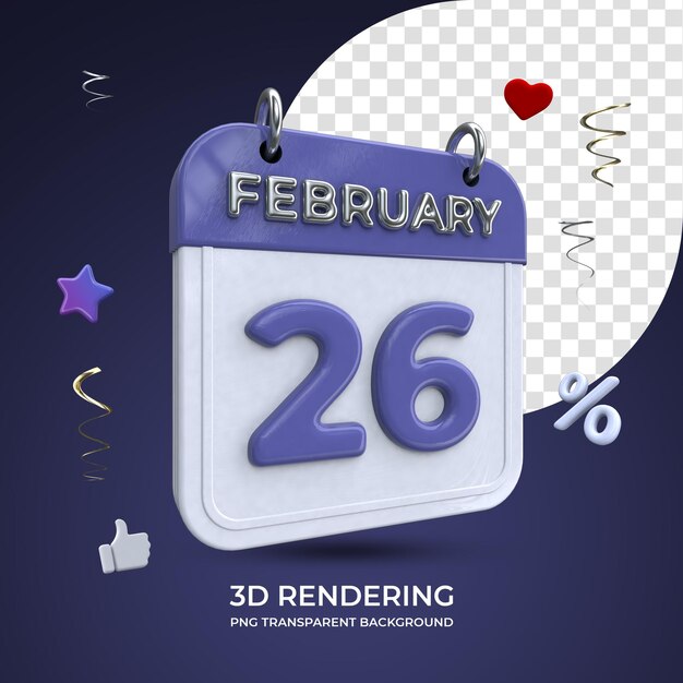 26 de fevereiro calendário 3d renderizando fundo transparente isolado