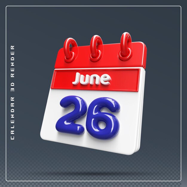 26. Juni Kalendersymbol 3D-Rendering