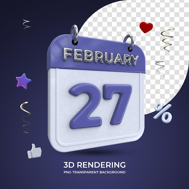 27 de febrero calendario 3d renderizado aislado fondo transparente