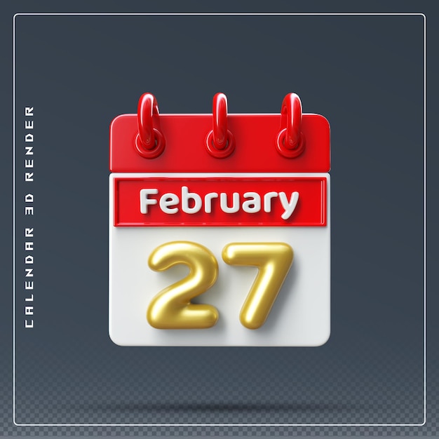 27 de febrero Calendario Icono 3D Render