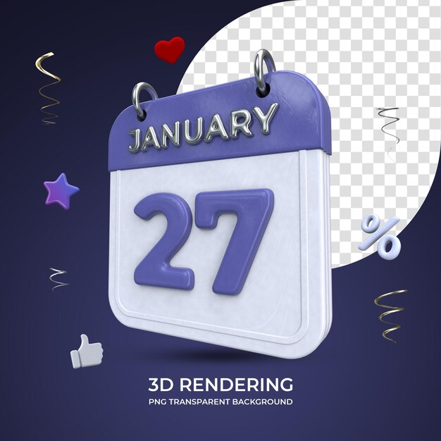 27. Januar Kalender 3D-Rendering isolierter transparenter Hintergrund
