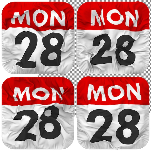 28. 28. Montag Datumskalendersymbol isoliert Vier winkende Bump-Textur 3D-Rendering