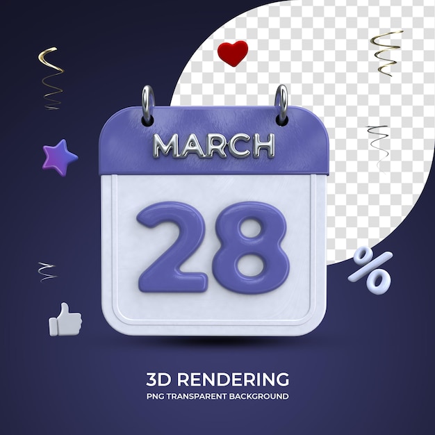28. März Kalender 3D-Rendering isolierter transparenter Hintergrund