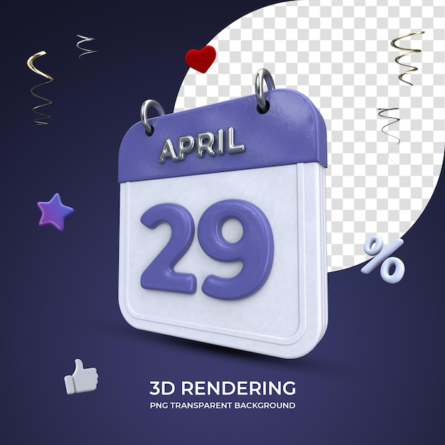 PSD 29 de abril calendario renderizado 3d fondo transparente aislado