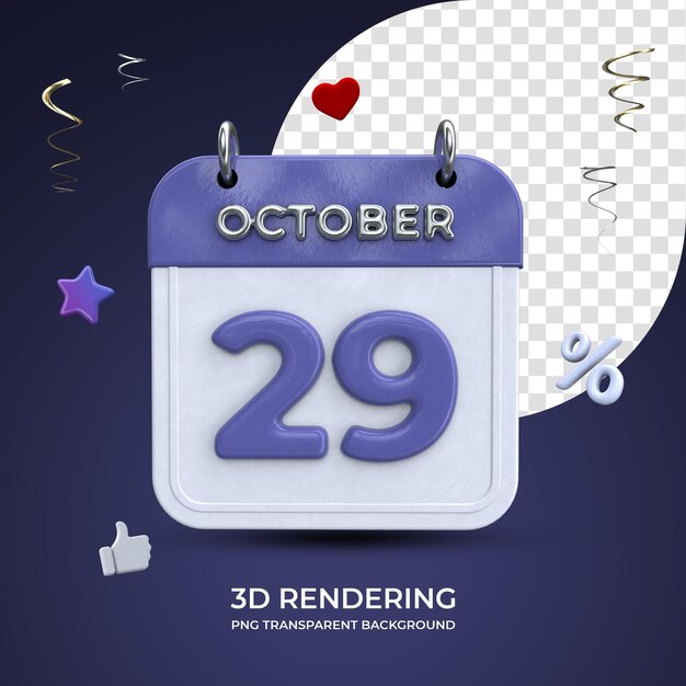 29 de outubro calendário 3d renderizando fundo transparente isolado