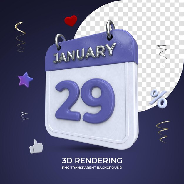 29 de enero calendario 3d renderizado aislado fondo transparente