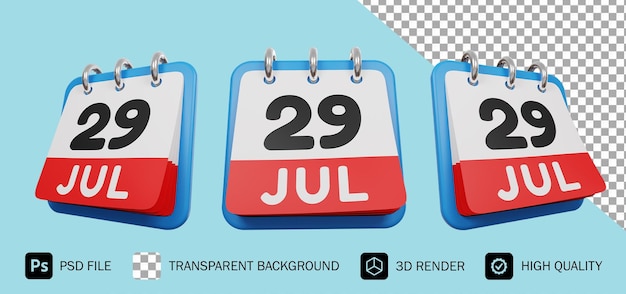 29 luglio giorno calendario 3d render premium psd