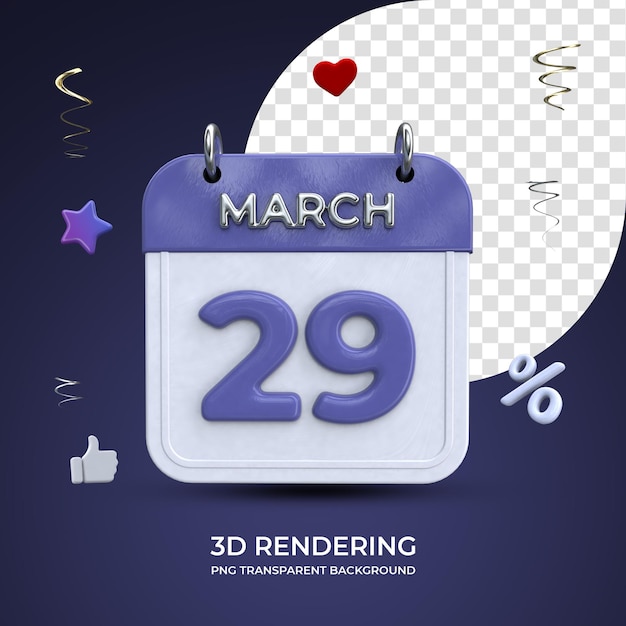 29. März Kalender 3D-Rendering isolierter transparenter Hintergrund