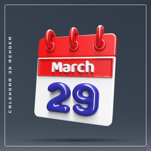 PSD 29 de marzo calendario icono 3d render