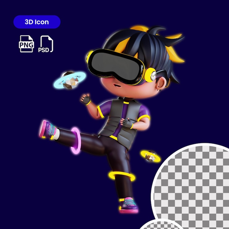 PSD 2d cute boy juega al juego de lucha en metaverse premium psd adecuado para aplicaciones de sitios web, etc.