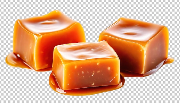 PSD 3 bonbons de caramel avec de la sauce caramel isolée sur un fond transparent